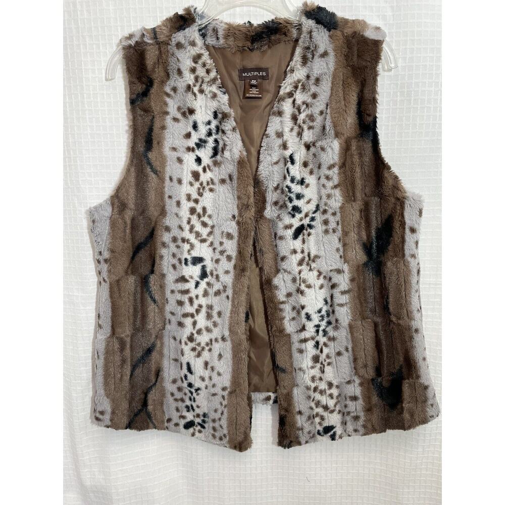 Multiples Womens Brown Animal Print Faux Fur Multi Winter Vest Size PM